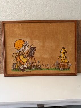 MCM Holly Hobbie Style Daisy Girl & her Dog Burlap Cork Bulletin Board